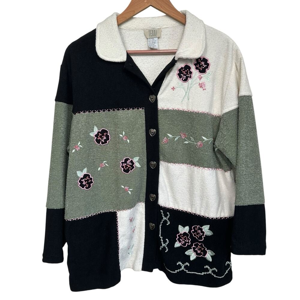 Vintage Teddi Floral Embroidered Black Green Patchwork Button Front Cardigan M